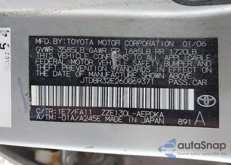 2006 Toyota Corolla Ce from USA, damaged, VIN JTDBR32E260069371
